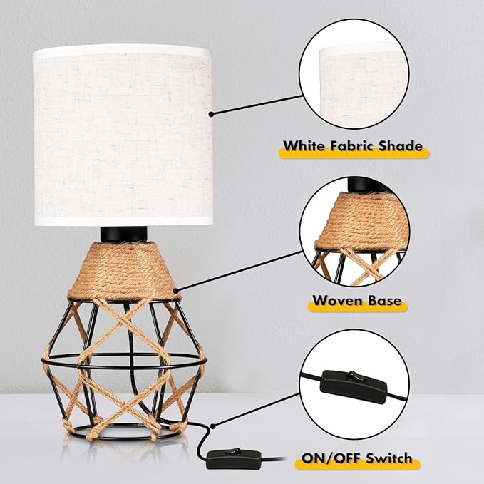 Hamilyeah Boho Table Lamps, Woven Table Lamp for Nightstand with On/Off Switch, Farmhouse Beside Lamp for Bedroom, Industrial Table Lamp for Living Room