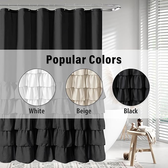 Seasonwood Black Ruffle Shower Curtain Farmhouse Style Black Fabric Shower Curtain Nature Button Shabby Chic Ruffles and French Country Style 72×72