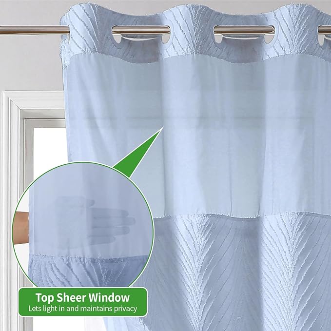no Hook Shower Curtain and Liner Set，Boho Style with See Through Top Window, Blue Fabric Tufted Striped Textured Outer Curtain & Waterproof Inner Liner, FrostBlue, 71Wx77H