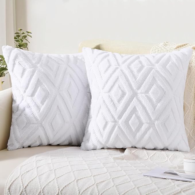 Pallene Pure White Throw Pillow Covers 22x22 Set of 2, Soft Plush Faux Fur Decorative Couch Pillow Covers for Sofa Bed Living Room Pillow Cases with 3D Diamond Pattern