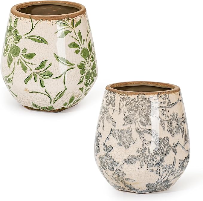 Sungmor Vintage Ceramic Planter Set of 3 - Decorative Indoor & Outdoor Flower Pots with Drainage Holes - Tuscan Décor Pots, 5.7" Ice Crackle Glaze Planters for Home, Kitchen, Patio, and Garden