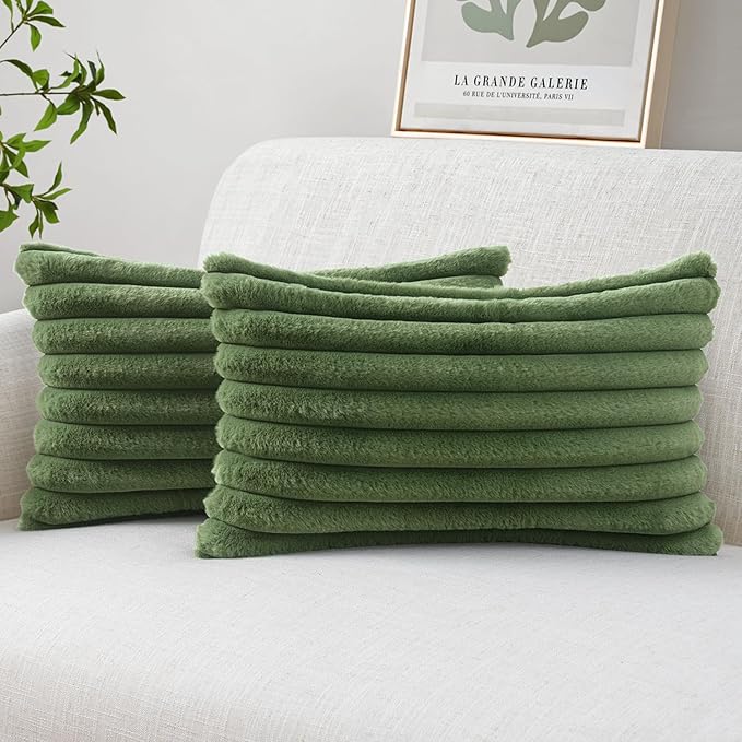 MIULEE Faux Fur Lumbar Decorative Throw Pillow Covers 12x20 Inch Set of 2, Modern Spring Home Decor Soft Plush Couch Pillows Cozy Fluffy Cushion Covers for Sofa Bed Moss Green