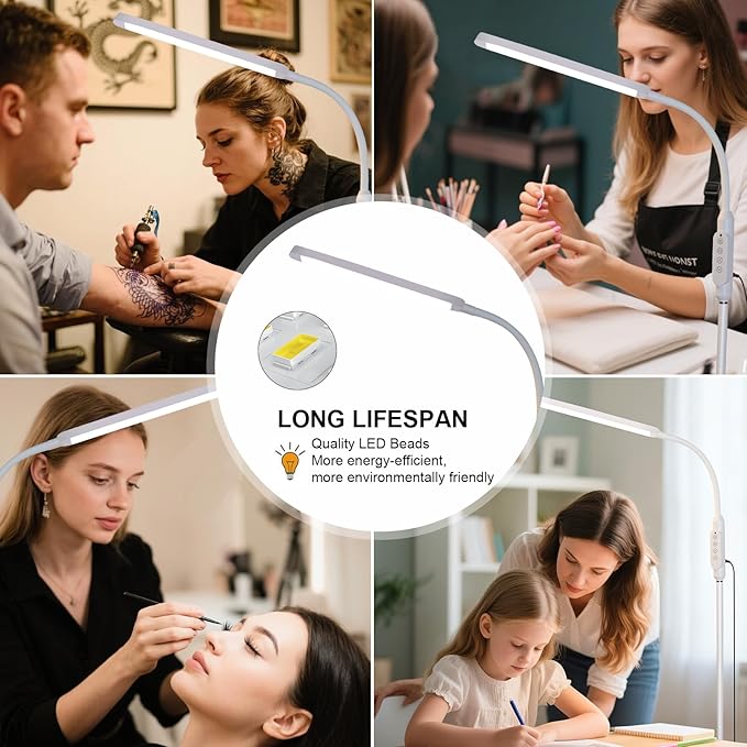 Bright LED Floor Lamps Touch and Remote Dimming for Eyelash Extension Tattoo Manicure Craft Drawing Makeup Living Room Bedroom Office Adjustable Gooseneck Standing Reading Lights esthetician lash lamp