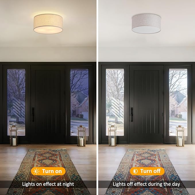 12.6" Modern Close to Ceiling Light with Linen Fabric Drum Shade,3-Light Semi Flush Mount Ceiling Light Fixture,Drum Light Fixtures Ceiling Mount for Kitchen, Bedroom, Bathroom, Living Room, Hallway