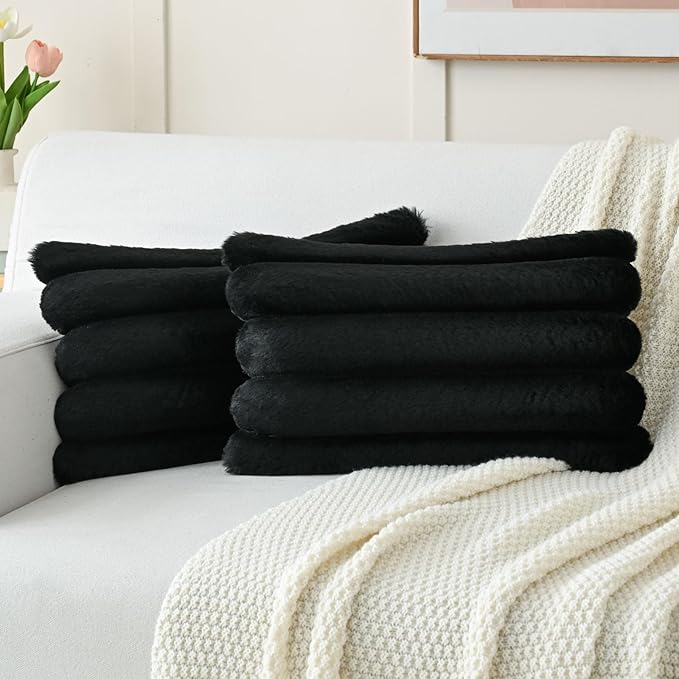 FUTEI Black Decorative Throw Pillow Covers 12x20 Inch Set of 2, Square Soft Faux Rabbit Fur Big Striped Cushion Cover,Home Decor for Couch Sofa Bed Living Room