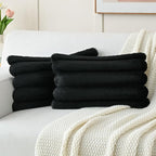 FUTEI Black Decorative Throw Pillow Covers 12x20 Inch Set of 2, Square Soft Faux Rabbit Fur Big Striped Cushion Cover,Home Decor for Couch Sofa Bed Living Room