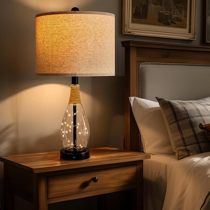 OYEARS 23" Farmhouse Table Lamps for Living Room – Set of 2 Boho Rattan Bedside Lamps with USB-C & USB-A Ports, Glass Nightlight, Dual Light Sources, Black
