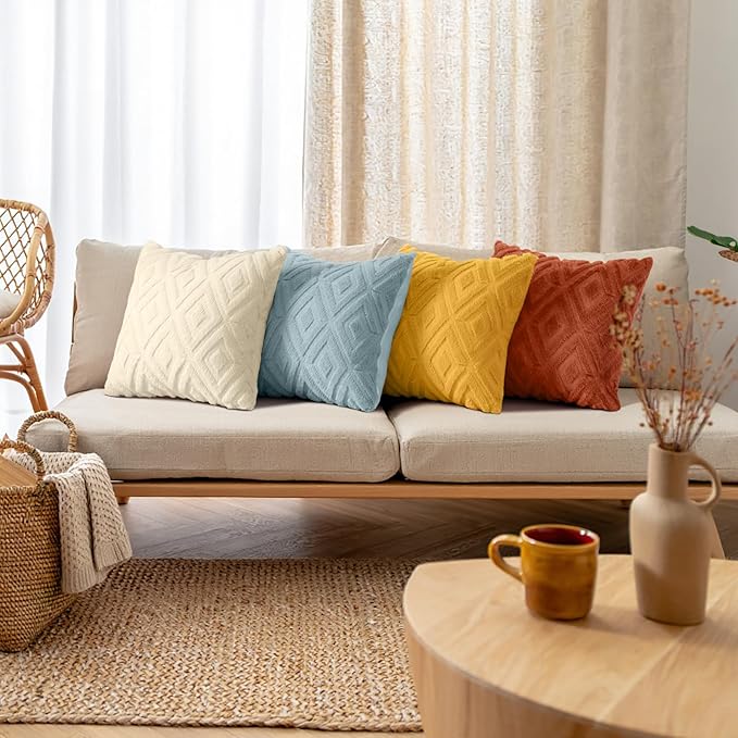 decorUhome Pack of 4 Faux Fur Throw Pillow Covers 20x20, Soft Decorative Couch Pillow Covers with Velvet Back for Modern Sofa Living Room, Yellow/Rust