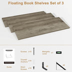 Fun Memories Floating Bookshelves, Set of 3 Wall-Mounted Wood Shelves 24" W x 8" D, Decorative Wall Shelf for Living Room, Bedroom, Bathroom, and Laundry Room (Grey)