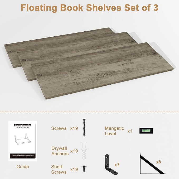 Fun Memories Floating Bookshelves, Set of 3 Wall-Mounted Wood Shelves 24" W x 8" D, Decorative Wall Shelf for Living Room, Bedroom, Bathroom, and Laundry Room (Grey)
