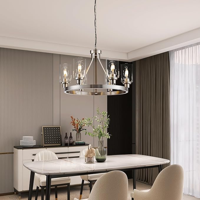 6-Light Modern Dining Room Light Fixture Brushed Nickel Kitchen Chandelier Ceiling Hanging Pendant Lighting with Glass Shade for Living Room Bedroom Entryway Adjustable Height Metal E26