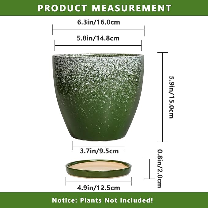 Ceraimc Plant Pot - 6 Inch Planter with Drainage and Plant Tray, Round Succulent Planters, Decorative Flower Pot for Indoor, Room Office Patio House Decor, Gifts for Women Men, Green