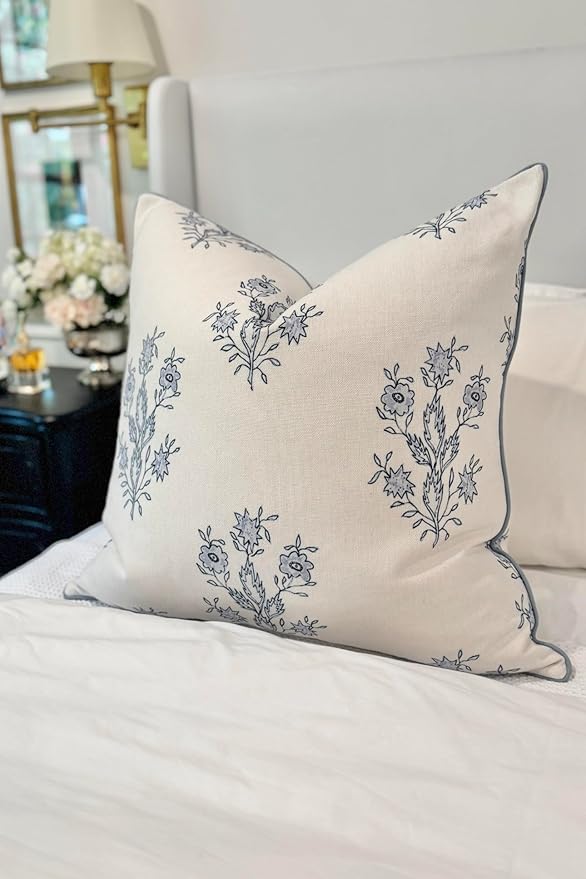 “The Mary” Periwinkle Floral Block Print Pillow Cover – Blue and Off-White Decorative Throw Pillow Cover – Grandmillennial Home Decor, 26" x 26"
