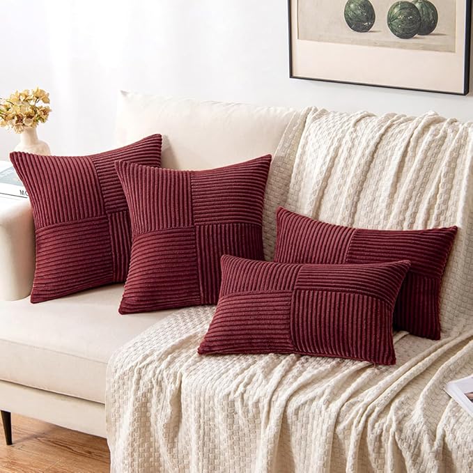 MIULEE Christmas Burgundy Corduroy Pillow Covers Pack of 2 Boho Decorative Spliced Throw Pillow Covers Soft Solid Couch Pillowcases Cross Patchwork Cushion Covers for Living Room Bed Sofa 16x16 inch