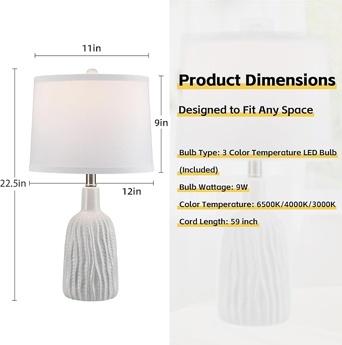 GRUENLICH Ceramic Table Lamp Set of 2 for Nightstand, 22.5" Modern White Bedside Lamp with 3 Adjustable Color Temperature, Bedroom Light for Living Room Desk End Table Office (2 LED Bulbs Included)