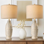 BOBOMOMO 25" Farmhouse Table Lamp Set of 2 Vintage Rustic Lamps for Living Room, Resin Bedside Nightstand Lamps with Linen Lampshades, Retro Lamp for Living Room, Bedroom, Dining Room, Home Decor