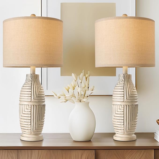 BOBOMOMO 25" Farmhouse Table Lamp Set of 2 Vintage Rustic Lamps for Living Room, Resin Bedside Nightstand Lamps with Linen Lampshades, Retro Lamp for Living Room, Bedroom, Dining Room, Home Decor