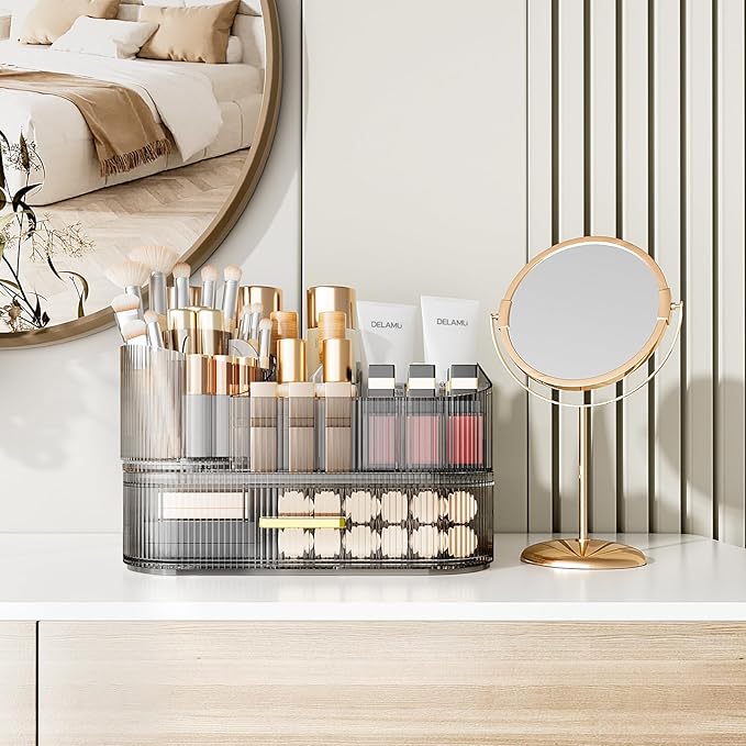 Delamu Makeup Organizer for Vanity with Stackable Drawers, 360 Rotating Makeup Brush Holder Large Cosmetic Display Case for Dresser, Bathroom Countertop Skincare Organizers and Storage, Crystal Black