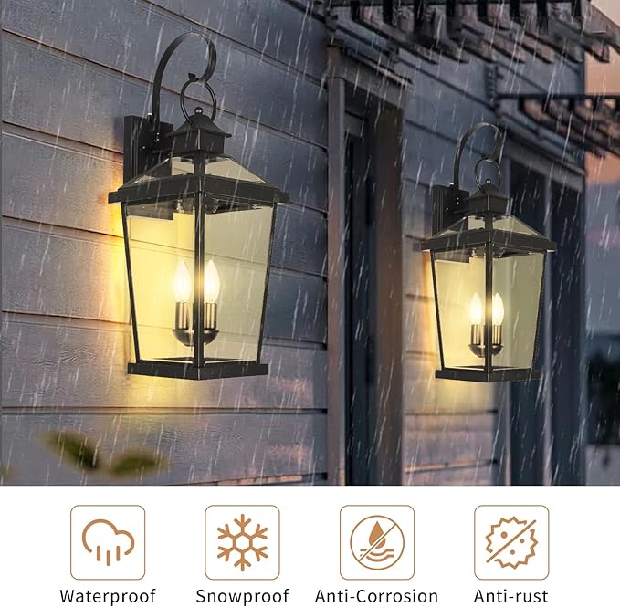 JYZ Dusk to Dawn Outdoor Wall Sconce, 24 Inch Waterproof Exterior Wall Lantern with Textured Glass, 2-Light Anti-Rust Classic Porch Light for Front Door Garage Patio Yard JYOWL06-BK-L