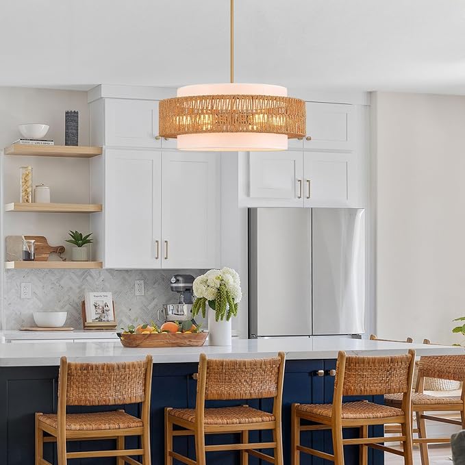 23.6" Rattan Chandelier with Linen Farmhouse Vintage Boho Hand Woven Bamboo Chandeliers Light Fixture Modern Drum Wicker Rattan Gold Chandelier for Dining Room, Kitchen, Living Room,Foyer