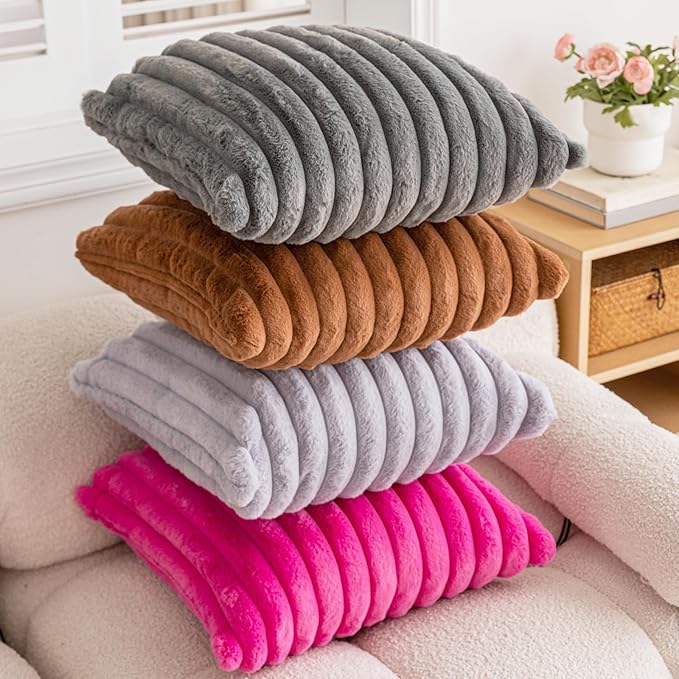 Double-Sided Faux Fur Plush Throw Pillow Covers 24x24 Set of 2 Fuzzy Striped Soft Cozy Pillowcase Luxury Decorative Pillows Square Shaggy Cushion Covers for Couch Sofa Bed,Dark Grey