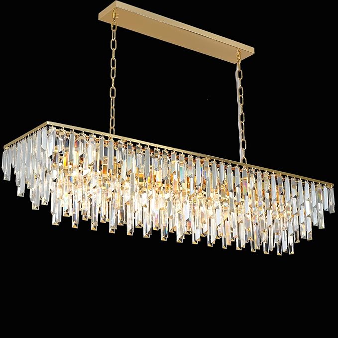 Rectangle Chandeliers for Dining Room, 47" Gold Modern Top K9 Rectangle Crystal Chandelier 14 Lights Rectangular Adjustable Pendant Ceiling Light Fixture for Dining Room Kitchen Island