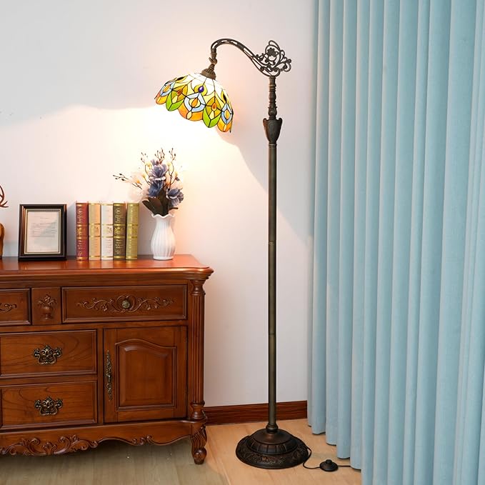 Tiffany Floor Lamp Green Peacock Tail Painted Glass Orange Adjustable Upright Reading Floor Lamp Living Room Dining Room Bedroom Tiffany Style Retro Home Lamp Light Luxury Home Decoration Art Lighting