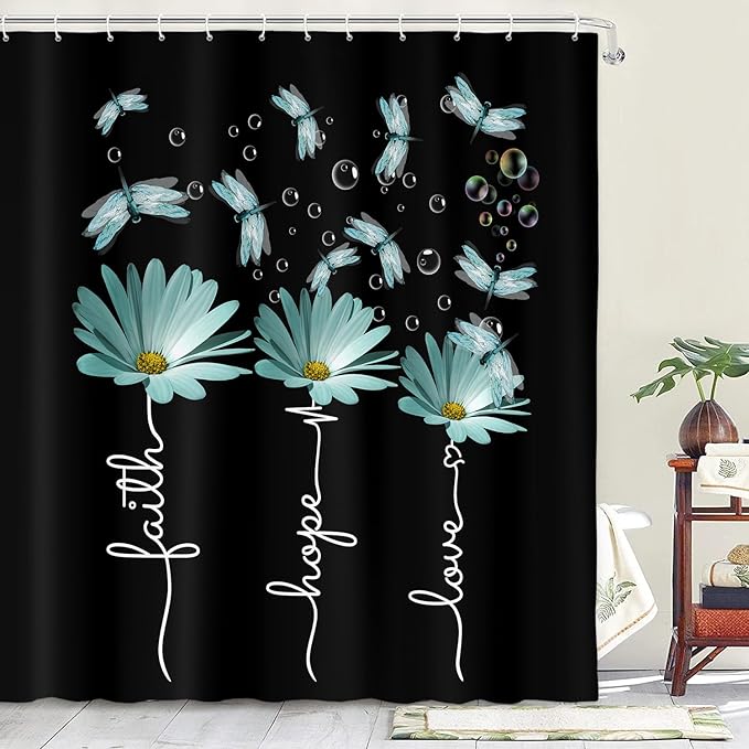 Rusitc Farmhouse Floral Balck White Teal Shower Curtain, Farm Country Daisy Flower Dragonfly and Faith Hope Love Inspirational Words Shower Curtain Set, Turquoise Yellow Bathroom Accessories, 36X70IN