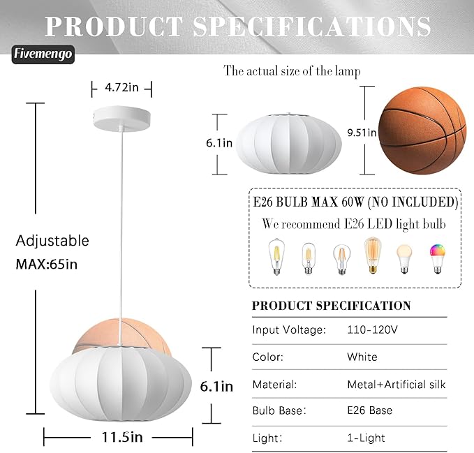 11.5in Small Lantern Pendant Light, Imitation Silk Lampshade, White Bubble Pendant Light, Large Hanging Lamp Simple Chandelier for Dinning Room Kitchen Island Bedroom Restaurant Cafe