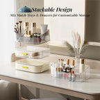 Delamu Makeup Organizer for Vanity with Stackable Drawers, 360 Rotating Makeup Brush Holder Large Cosmetic Display Case for Dresser, Bathroom Countertop Skincare Organizers and Storage, Crystal Clear