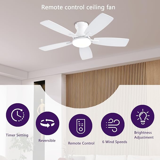 42inch Ceiling Fans with Lights, Low Profile Ceiling Fan with Light and Remote Control/APP Control, DC Reversible Motor, Noiseless, Flush Mount White Ceiling Fan for Bedroom, Indoor/Outdoor Use