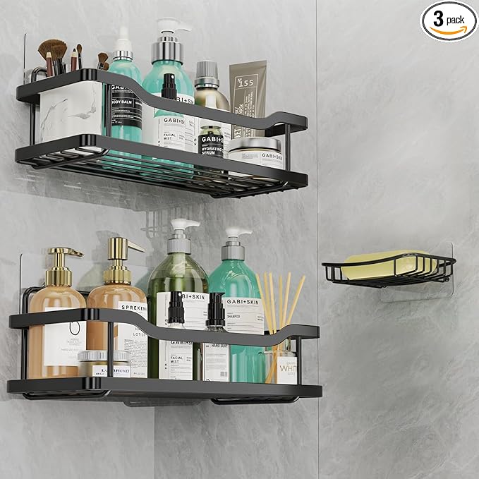 OMAIRA 3-Pack Shower Caddy with Soap Holder, Adhesive Rustproof No-drill Strudy Loading Inside Shower Organizer Shelves Rack Storage Bathroom Organization for Smooth Wall Glass Tile, Black (X-Large)