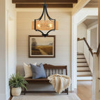 4-Light Rattan Chandelier Light Fixture, 18” Black Metal and Hand-Woven Wicker Shade, Semi-Flush Mount Boho Farmhouse Pendant Lighting for Dining Room, Living Room, Kitchen Island, Bedroom