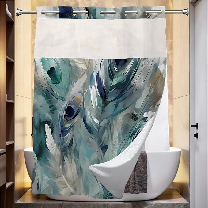 Vintage Watercolor Peacock Feathers Theme No Hook Waffle Shower Curtain with Snap in Fabric Liner Set, Detachable Liner,See Through Mesh Top Window,Waterproof Washable 72" W x 74" H