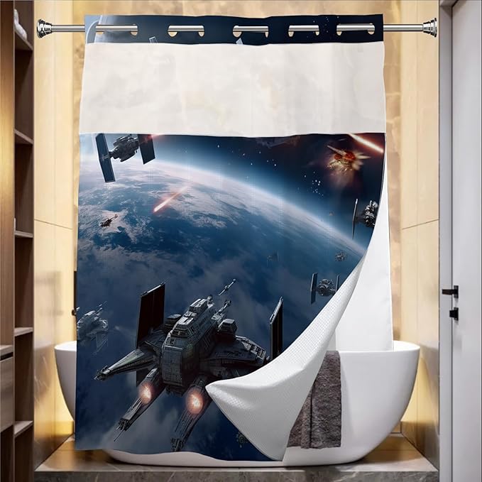 Funny Planet Science Fiction Movie Theme Universe War Cool Shower Curtain with Snap in Fabric Liner Set, Detachable Liner, See Through Mesh Top Window, Waterproof Washable 72" W x 74" H
