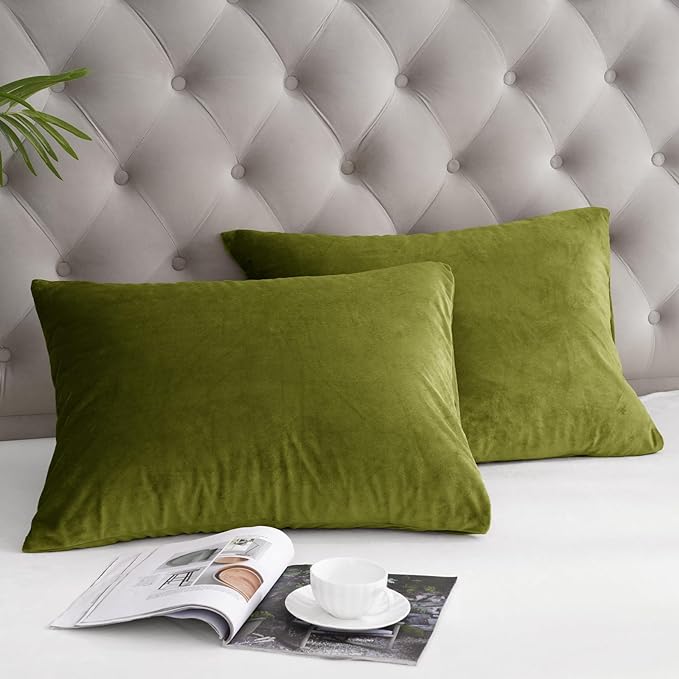 PHF Super Soft Velvet Pillowcases Standard Size, No Insert, 2 Pack Luxury Cozy Warm Pillow Shams Covers with Envelope Closure, 20" X 26" Cozy Fuzzy Flannel Pillow Case, Olive Green
