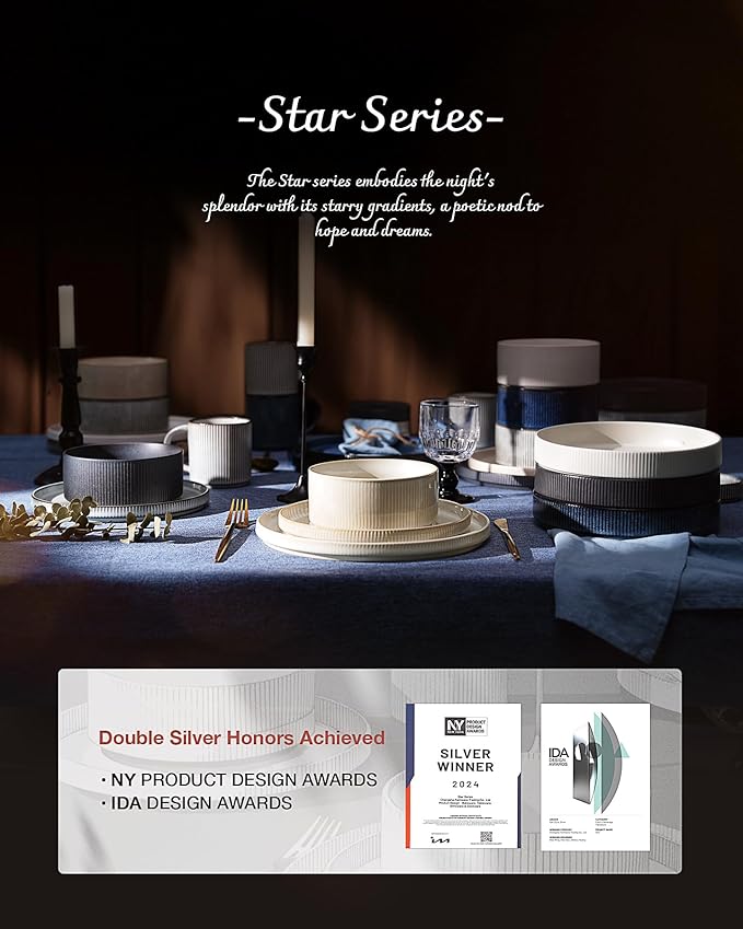 Famiware Star Dinnerware Set with Mugs, Service for 4 (16pcs), Ribbed Stoneware Plates and Bowls Dishes Sets - Chip & Scratch Resistant, Microwave & Dishwasher Safe, Matte White
