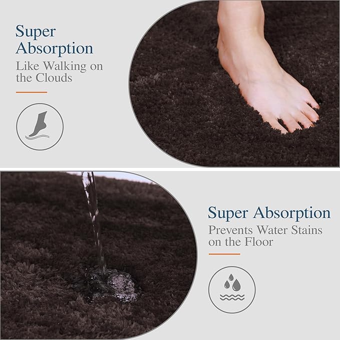 Walensee Bathroom Rug Non Slip Bath Mat (16 x 24, Brown) Water Absorbent Soft Microfiber Shaggy Mat Machine Washable Thick Plush Rugs for Shower