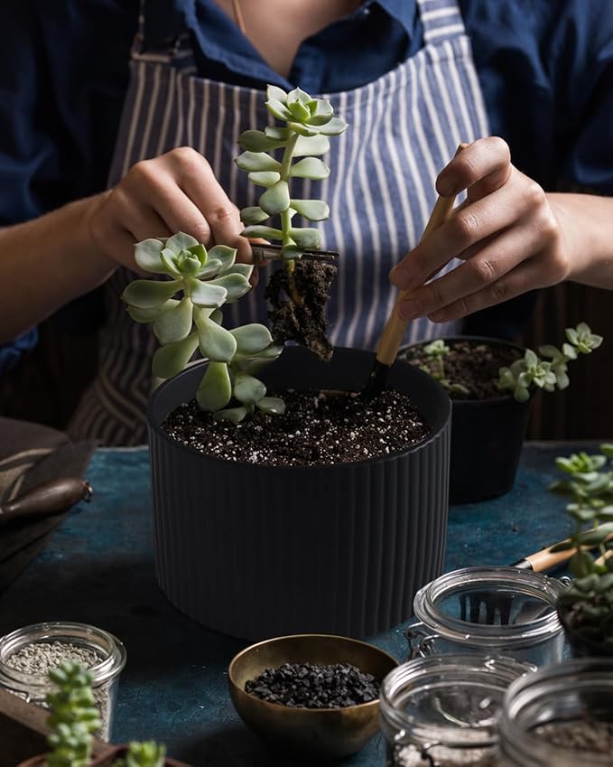 Ceramic Plant Pots, 8.1 + 6 Inch Planters for Indoor Plants, Modern Flower Pots for Plants with Drainage, Medium Cylinder Flower Pots for Indoor Plants, House Plants, Matte Black