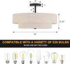 Modern Semi Flush Mount Ceiling Light 18" Modern 3-Lights Black Drum Ceiling Lighting Fixture with Linen Shade Vintage Ceiling Lamp for Kitchen, Basement, Laundry Room, Bedroom