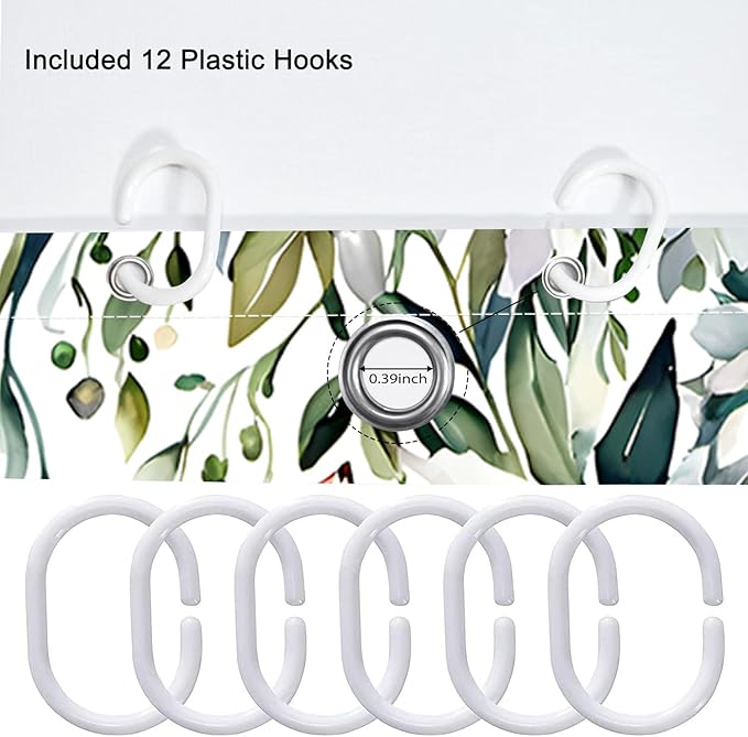 Elegant Floral Shower Curtain Sets with 12 Hooks, Bath Mat, Toilet Lid Cover, U Shaped Rugs, Watercolor Plant Green Leaves Waterproof, Washable Fabric,70.8 x 70.8 inches.
