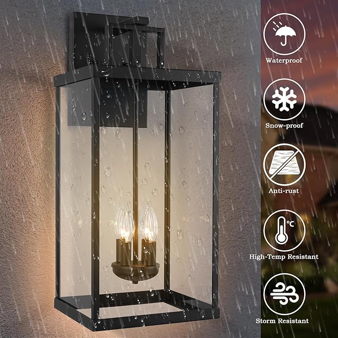 25'' Outdoor Wall Lantern, 4-Light Modern Large Exterior Wall Sconce Light Fixtures, Black Porch Light with Glass, Waterproof Outside Lighting for Patio Front Door Entryway
