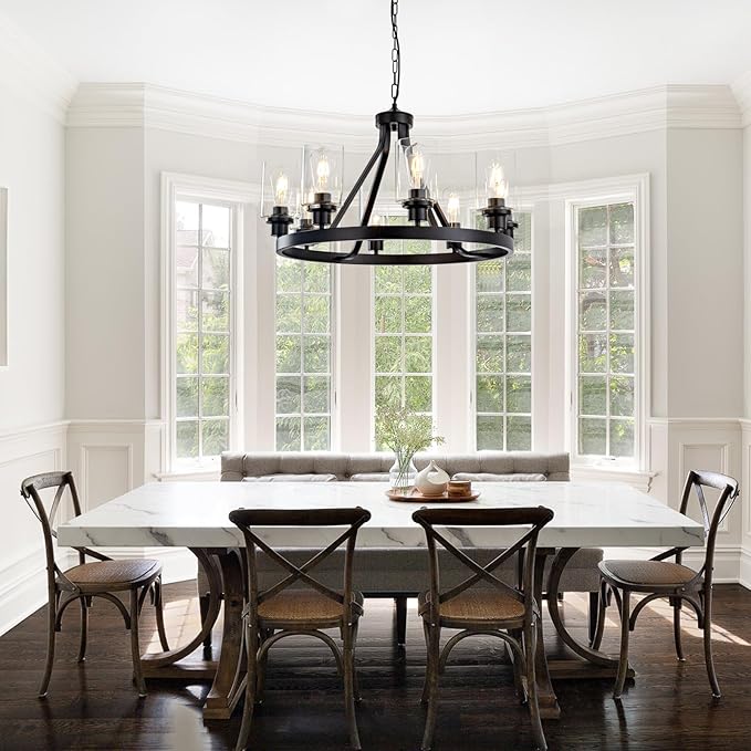 8-Light Black Dining Room Light Fixtures Farmhouse Wagon Wheel Chandelier Kitchen Island Pendant Lights Modern Industrial Rustic Adjustable Height Metal E26