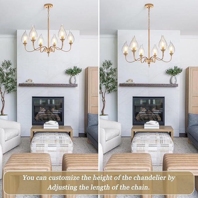 6-Light Farmhouse Brass Gold vintage Chandelier 23.6 Inch - Rustic Industrial Iron Candle Hanging with Clear Glass Shades - Dining Room Lighting Fixture for Hallway, Living Room, Foyer, Kitchen Island