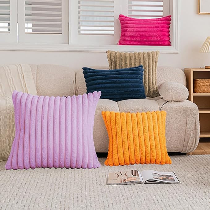Double-Sided Faux Fur Plush Throw Pillow Covers 22x22 Set of 2 Fuzzy Striped Soft Cozy Pillowcase Luxury Decorative Pillows Square Fluffy Cushion Cover for Couch Bed Living Room,Camel