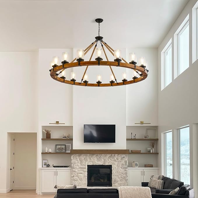 60-inch Rustic Wooden Chandelier with Bubble Glass Shade, 18-Light Modern Farmhouse Wagon Wheel Light for Dining Room Kitchen Island Entryway