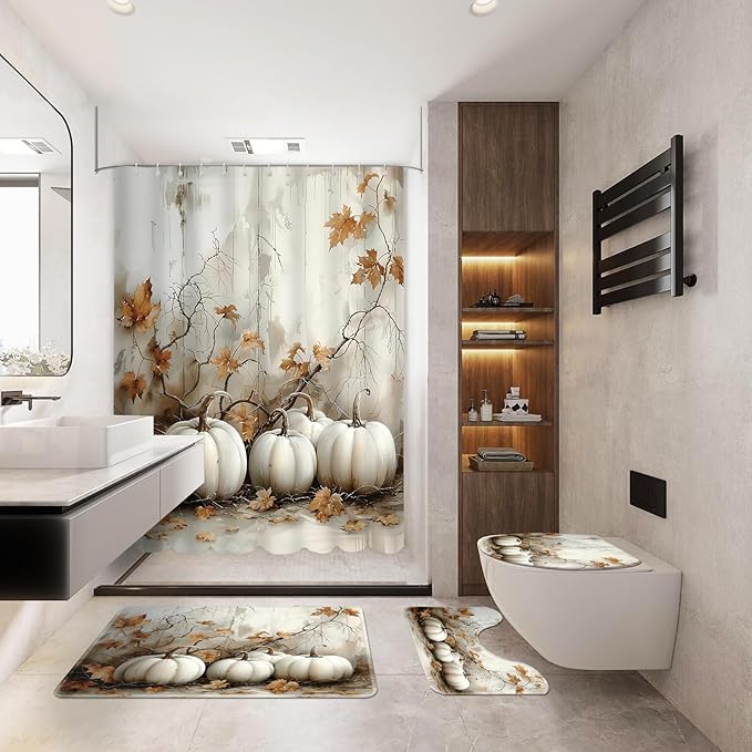 MEHOFOND 4pcs Vintage Pumpkin Shower Curtain Set, Fall Thanksgiving Harvest Vintage Decor, Retro Autumn Halloween Bathroom Accessories, Farmhouse Maple Leaves Bathroom Curtain Sets 72x72 Inch