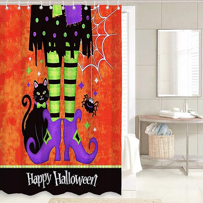 Halloween Bathroom Decor Set with Shower Curtain and Rugs, 4-Piece Witch Legs and Cat Design, Waterproof Polyester Curtain with Non-Slip Mats, Spooky Bath Set for Halloween Party