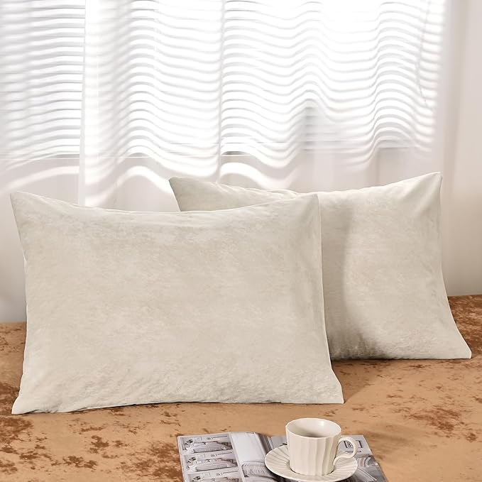 PHF Truly Velvet Pillowcases King Size, No Insert, 2 Pack Ultra Soft Breathable Pillow Shams Covers with Envelope Closure, 20" X 36" Luxury Cozy Warm Fuzzy Flannel Pillow Cases, Sand