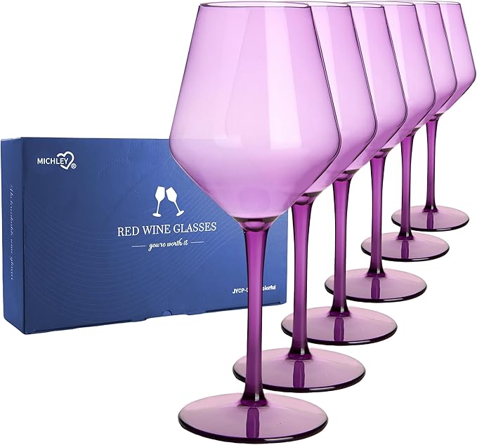 MICHLEY Colored Wine Glasses Set of 6 Long Stem Red White Tritan-Plastic Glassware Gift 15oz for Outdoor Home Party, Purple